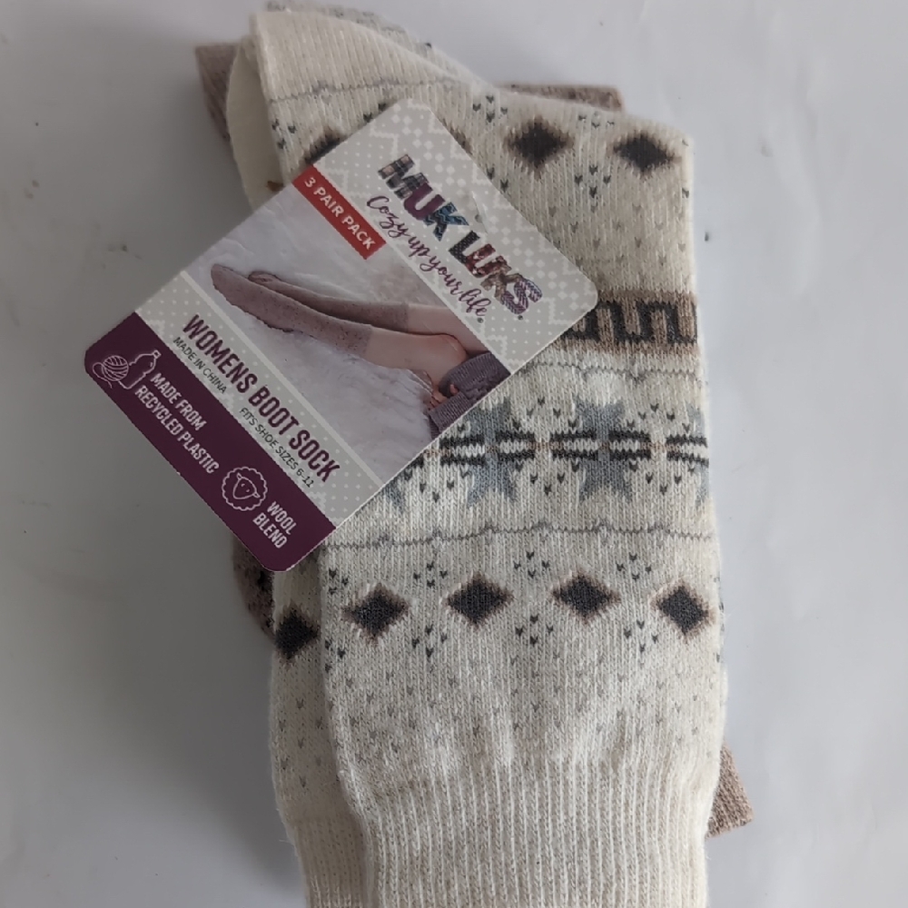 Muk Luks Womens 3-Pair Boot Socks Brown And Tan New Wool Blend 6-11